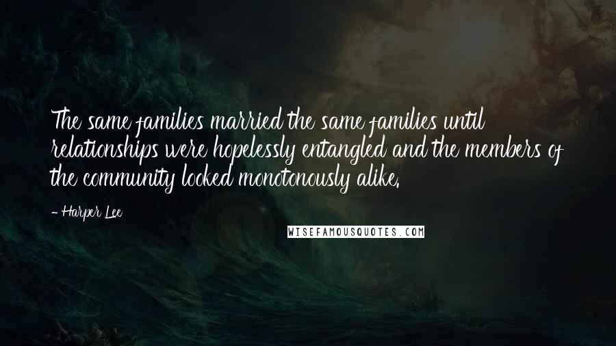 Harper Lee Quotes: The same families married the same families until relationships were hopelessly entangled and the members of the community looked monotonously alike.