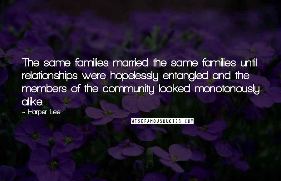 Harper Lee Quotes: The same families married the same families until relationships were hopelessly entangled and the members of the community looked monotonously alike.