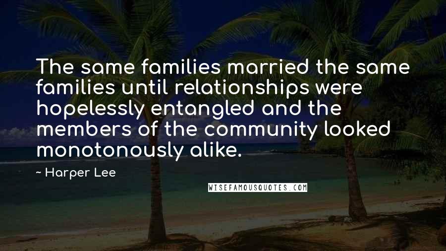 Harper Lee Quotes: The same families married the same families until relationships were hopelessly entangled and the members of the community looked monotonously alike.