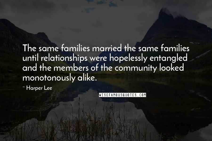 Harper Lee Quotes: The same families married the same families until relationships were hopelessly entangled and the members of the community looked monotonously alike.