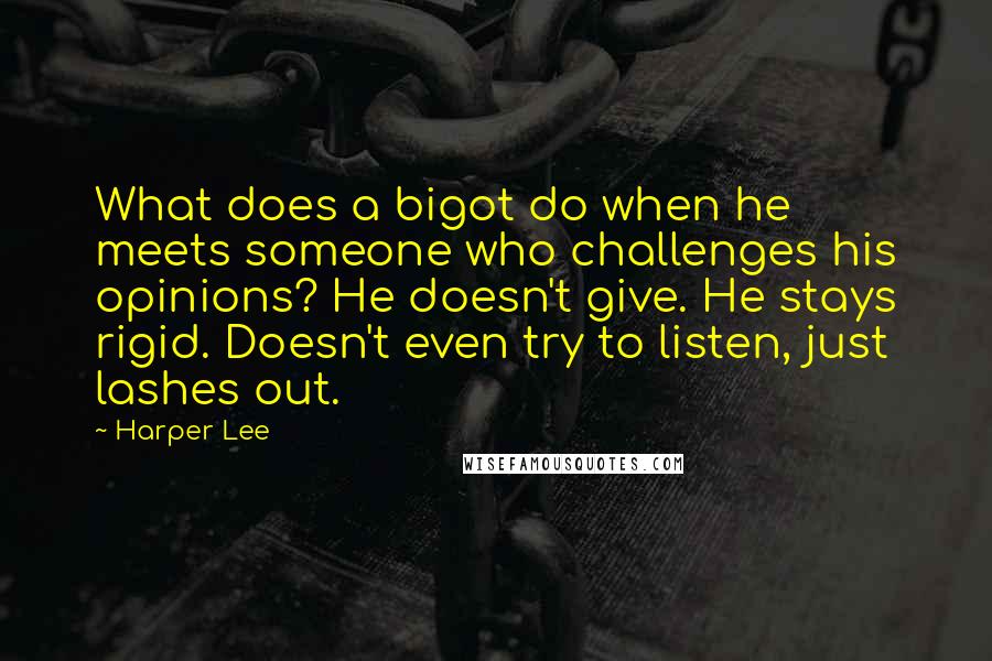 Harper Lee Quotes: What does a bigot do when he meets someone who challenges his opinions? He doesn't give. He stays rigid. Doesn't even try to listen, just lashes out.