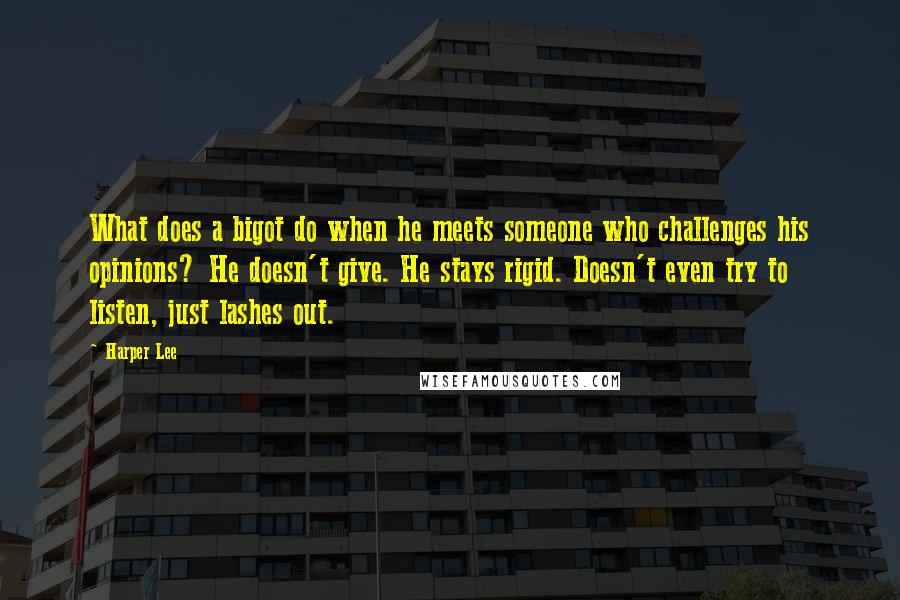 Harper Lee Quotes: What does a bigot do when he meets someone who challenges his opinions? He doesn't give. He stays rigid. Doesn't even try to listen, just lashes out.