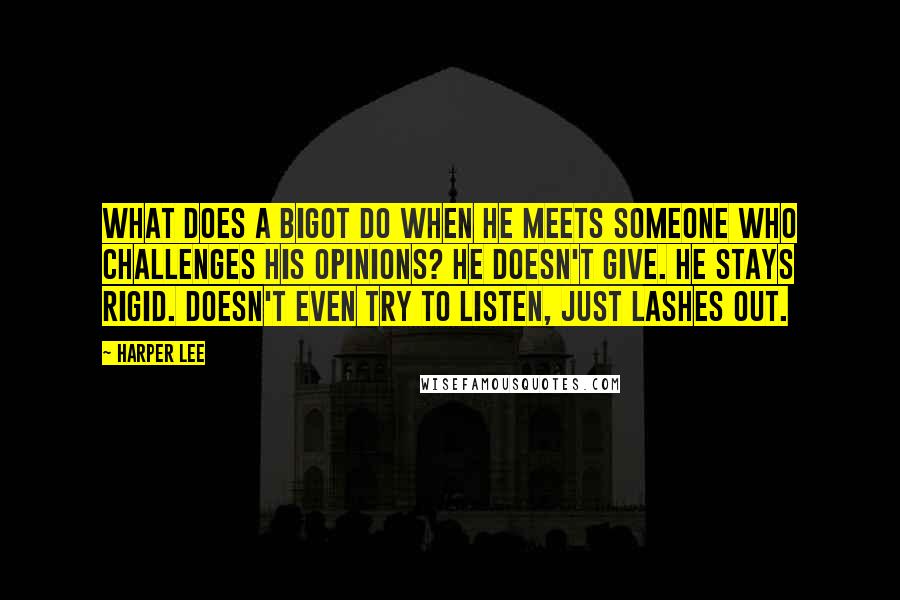 Harper Lee Quotes: What does a bigot do when he meets someone who challenges his opinions? He doesn't give. He stays rigid. Doesn't even try to listen, just lashes out.