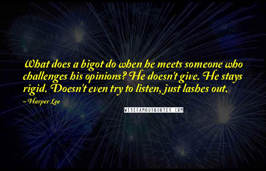 Harper Lee Quotes: What does a bigot do when he meets someone who challenges his opinions? He doesn't give. He stays rigid. Doesn't even try to listen, just lashes out.