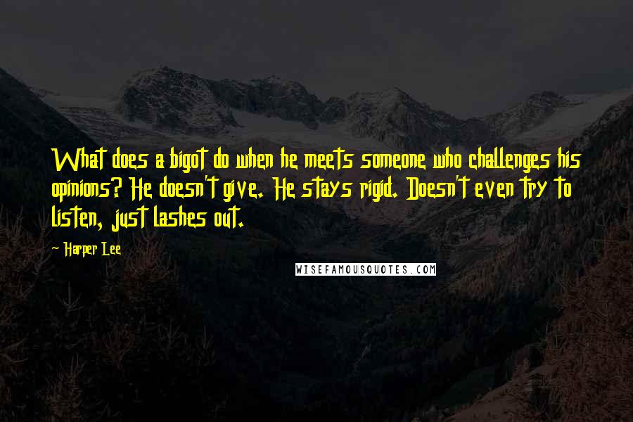 Harper Lee Quotes: What does a bigot do when he meets someone who challenges his opinions? He doesn't give. He stays rigid. Doesn't even try to listen, just lashes out.