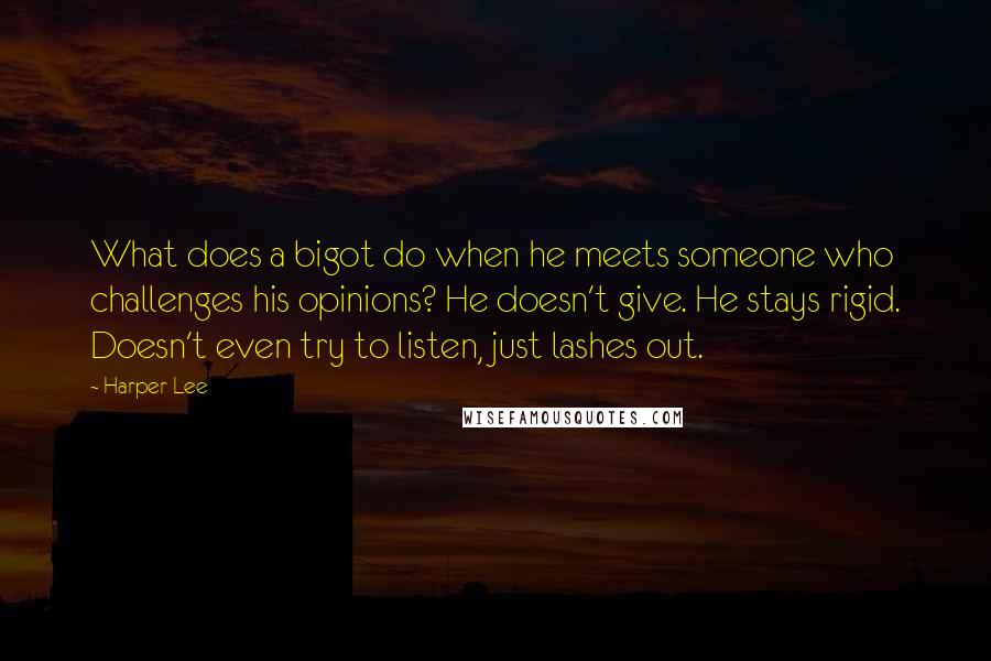 Harper Lee Quotes: What does a bigot do when he meets someone who challenges his opinions? He doesn't give. He stays rigid. Doesn't even try to listen, just lashes out.
