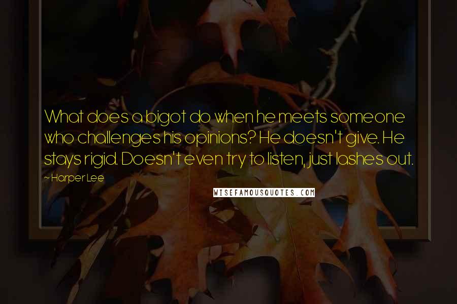 Harper Lee Quotes: What does a bigot do when he meets someone who challenges his opinions? He doesn't give. He stays rigid. Doesn't even try to listen, just lashes out.