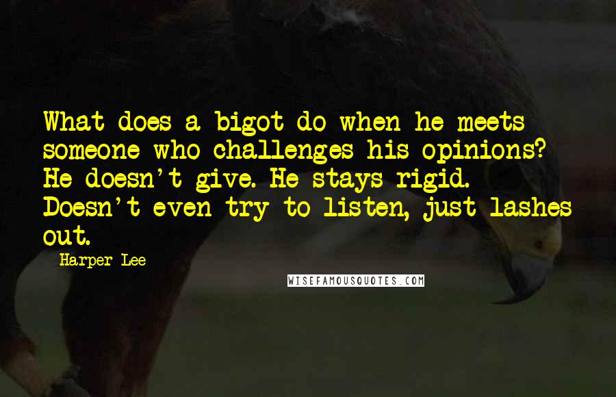 Harper Lee Quotes: What does a bigot do when he meets someone who challenges his opinions? He doesn't give. He stays rigid. Doesn't even try to listen, just lashes out.