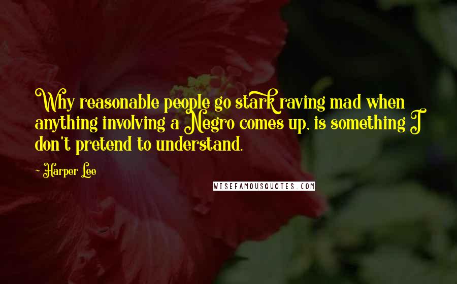 Harper Lee Quotes: Why reasonable people go stark raving mad when anything involving a Negro comes up, is something I don't pretend to understand.