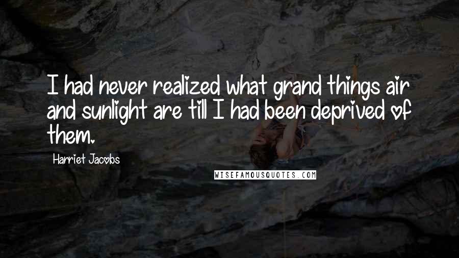 Harriet Jacobs Quotes: I had never realized what grand things air and sunlight are till I had been deprived of them.