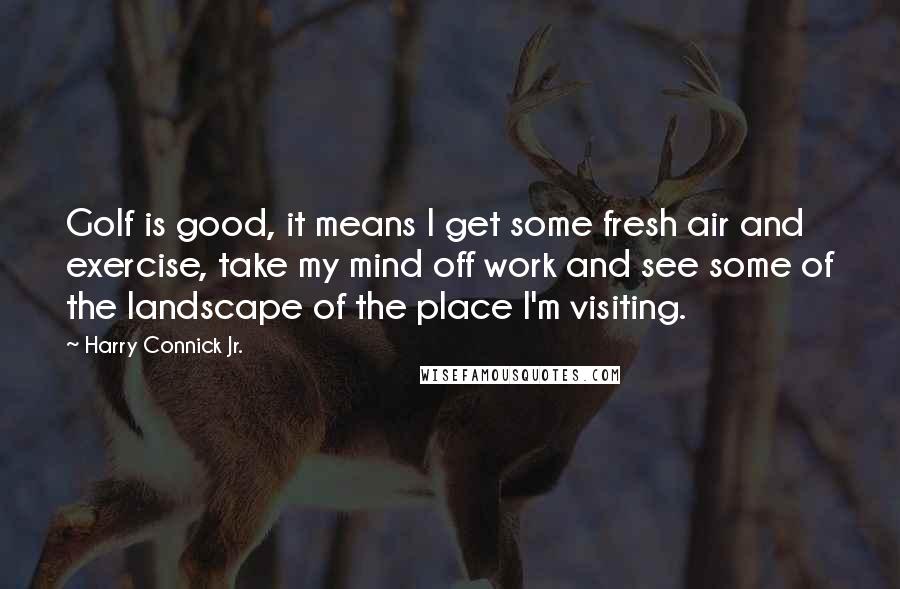 Harry Connick Jr. Quotes: Golf is good, it means I get some fresh air and exercise, take my mind off work and see some of the landscape of the place I'm visiting.