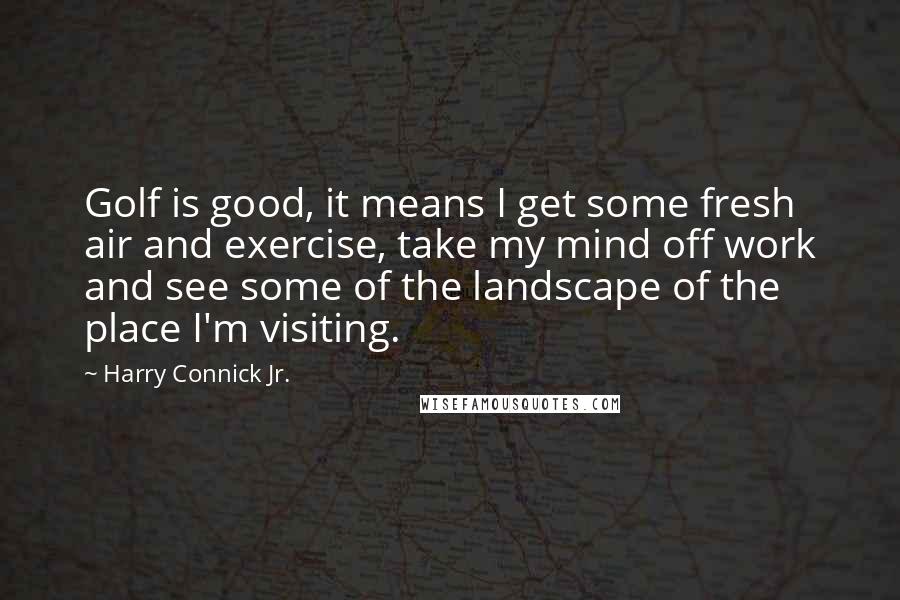 Harry Connick Jr. Quotes: Golf is good, it means I get some fresh air and exercise, take my mind off work and see some of the landscape of the place I'm visiting.