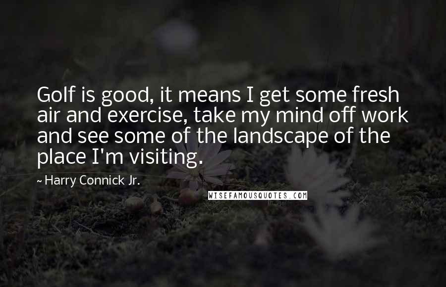 Harry Connick Jr. Quotes: Golf is good, it means I get some fresh air and exercise, take my mind off work and see some of the landscape of the place I'm visiting.