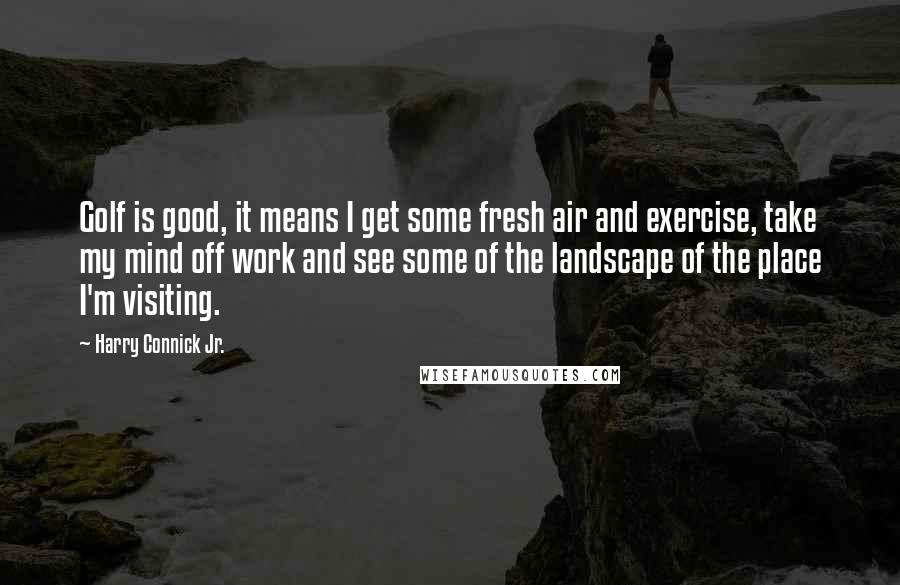 Harry Connick Jr. Quotes: Golf is good, it means I get some fresh air and exercise, take my mind off work and see some of the landscape of the place I'm visiting.