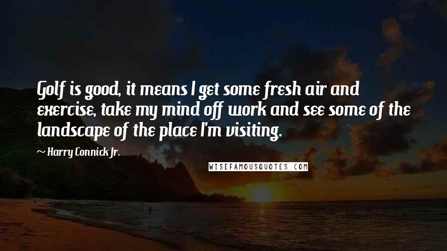 Harry Connick Jr. Quotes: Golf is good, it means I get some fresh air and exercise, take my mind off work and see some of the landscape of the place I'm visiting.