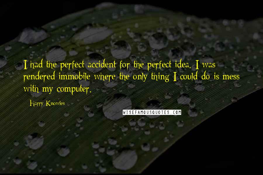 Harry Knowles Quotes: I had the perfect accident for the perfect idea. I was rendered immobile where the only thing I could do is mess with my computer.