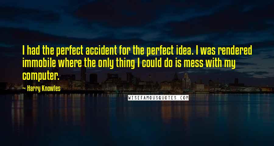 Harry Knowles Quotes: I had the perfect accident for the perfect idea. I was rendered immobile where the only thing I could do is mess with my computer.