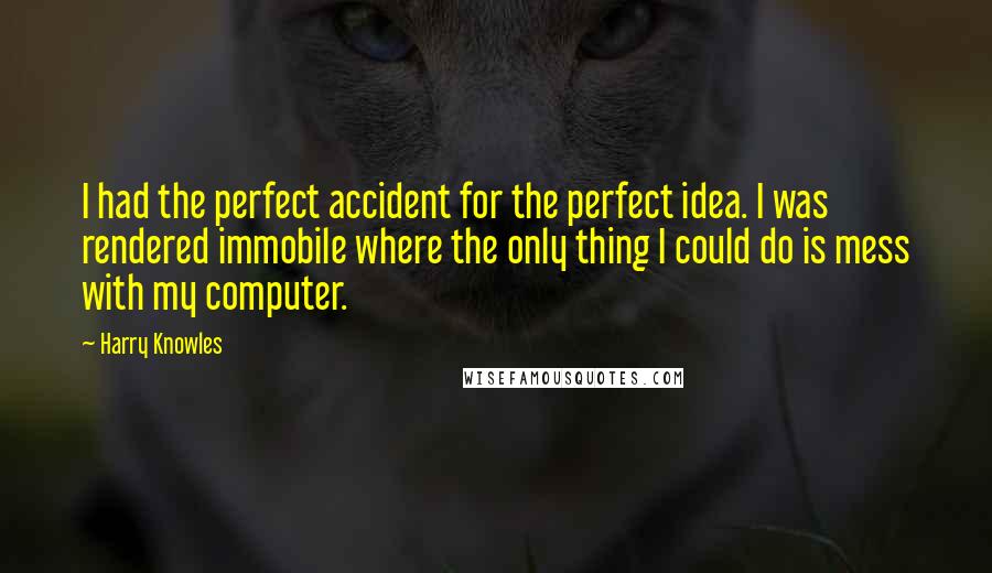 Harry Knowles Quotes: I had the perfect accident for the perfect idea. I was rendered immobile where the only thing I could do is mess with my computer.