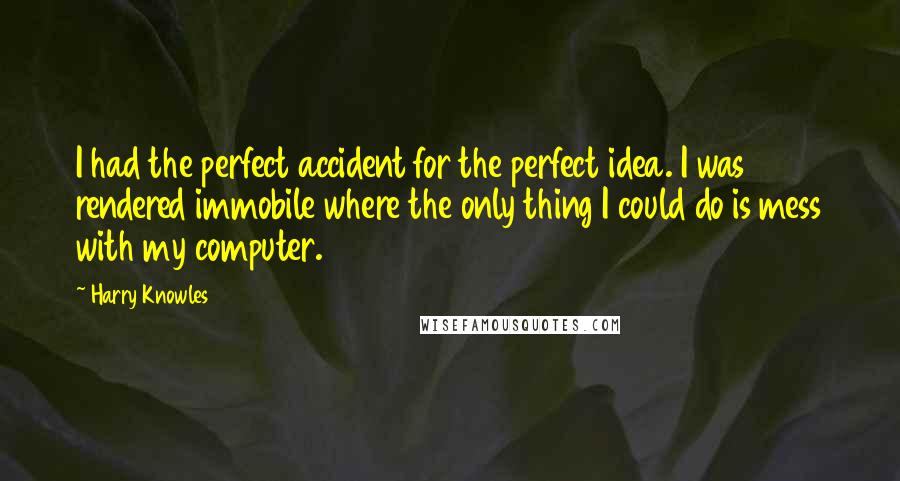Harry Knowles Quotes: I had the perfect accident for the perfect idea. I was rendered immobile where the only thing I could do is mess with my computer.