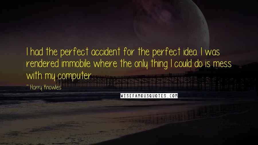 Harry Knowles Quotes: I had the perfect accident for the perfect idea. I was rendered immobile where the only thing I could do is mess with my computer.