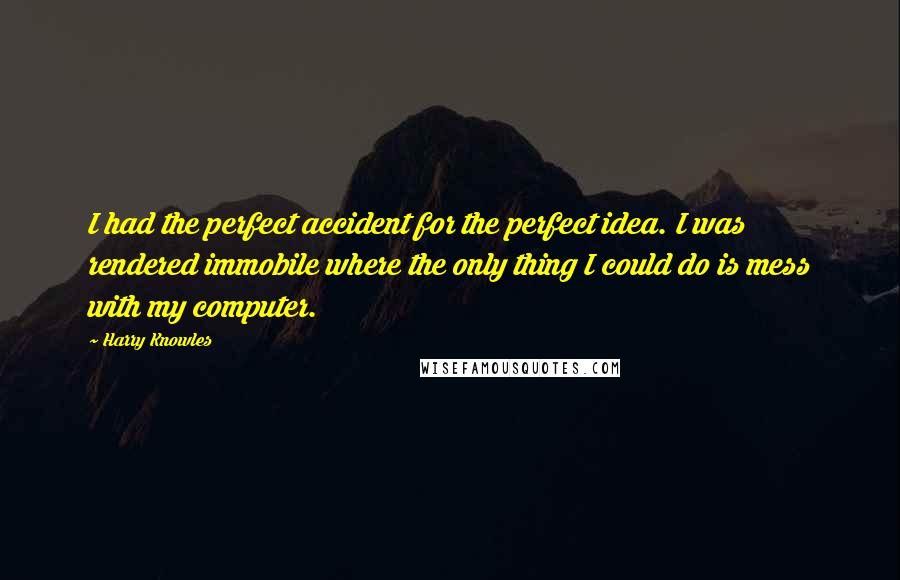 Harry Knowles Quotes: I had the perfect accident for the perfect idea. I was rendered immobile where the only thing I could do is mess with my computer.