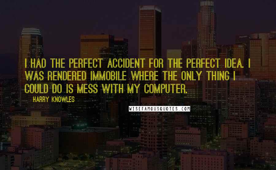 Harry Knowles Quotes: I had the perfect accident for the perfect idea. I was rendered immobile where the only thing I could do is mess with my computer.