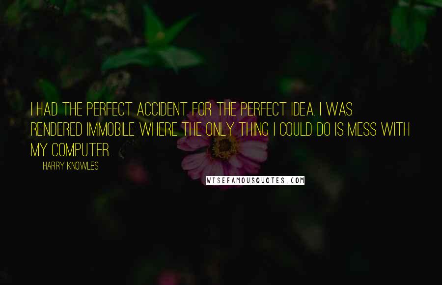 Harry Knowles Quotes: I had the perfect accident for the perfect idea. I was rendered immobile where the only thing I could do is mess with my computer.