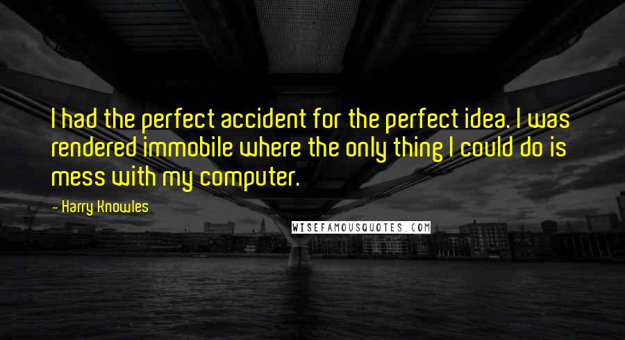 Harry Knowles Quotes: I had the perfect accident for the perfect idea. I was rendered immobile where the only thing I could do is mess with my computer.