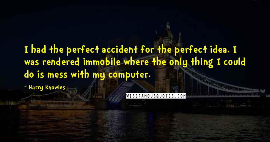 Harry Knowles Quotes: I had the perfect accident for the perfect idea. I was rendered immobile where the only thing I could do is mess with my computer.