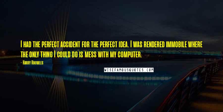 Harry Knowles Quotes: I had the perfect accident for the perfect idea. I was rendered immobile where the only thing I could do is mess with my computer.