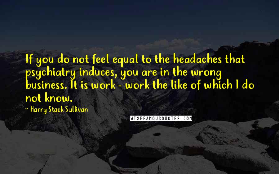 Harry Stack Sullivan Quotes: If you do not feel equal to the headaches that psychiatry induces, you are in the wrong business. It is work - work the like of which I do not know.