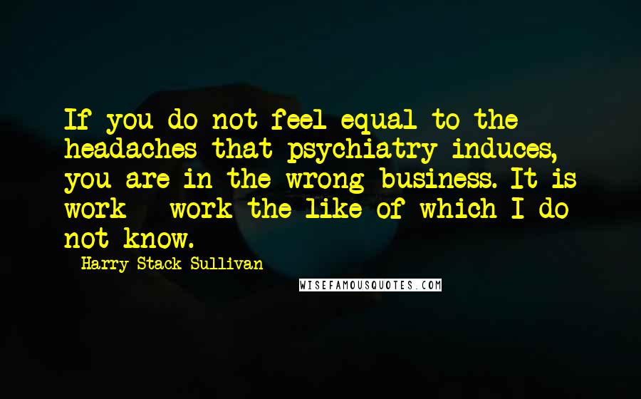 Harry Stack Sullivan Quotes: If you do not feel equal to the headaches that psychiatry induces, you are in the wrong business. It is work - work the like of which I do not know.