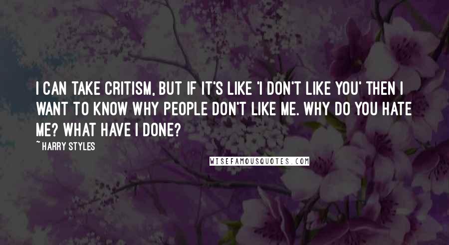 Harry Styles Quotes: I can take critism, but if it's like 'I don't like you' then I want to know why people don't like me. Why do you hate me? What have I done?