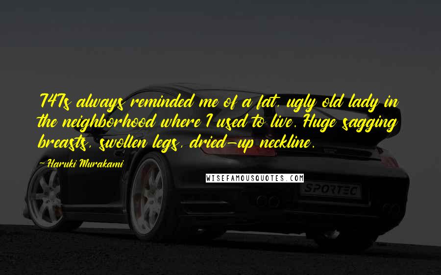 Haruki Murakami Quotes: 747s always reminded me of a fat, ugly old lady in the neighborhood where I used to live. Huge sagging breasts, swollen legs, dried-up neckline.