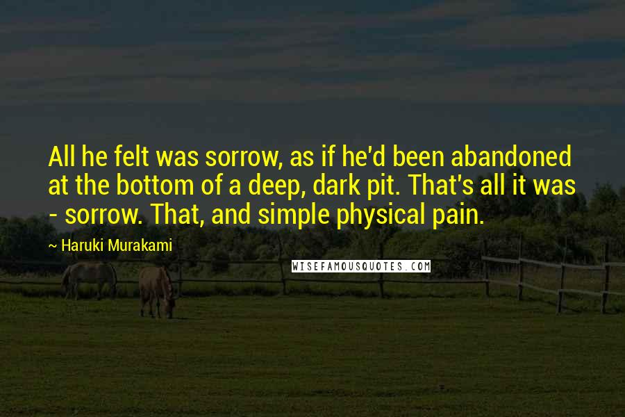 Haruki Murakami Quotes: All he felt was sorrow, as if he'd been abandoned at the bottom of a deep, dark pit. That's all it was - sorrow. That, and simple physical pain.