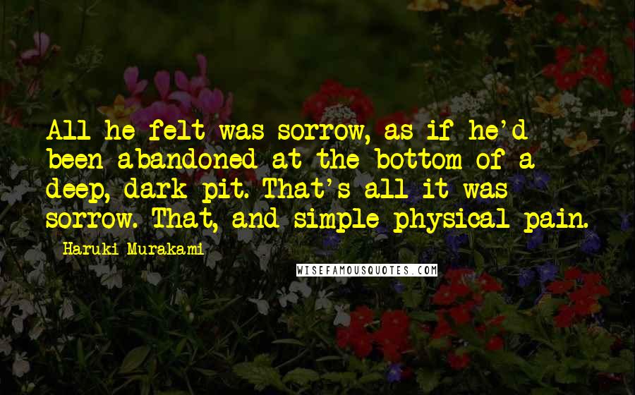 Haruki Murakami Quotes: All he felt was sorrow, as if he'd been abandoned at the bottom of a deep, dark pit. That's all it was - sorrow. That, and simple physical pain.