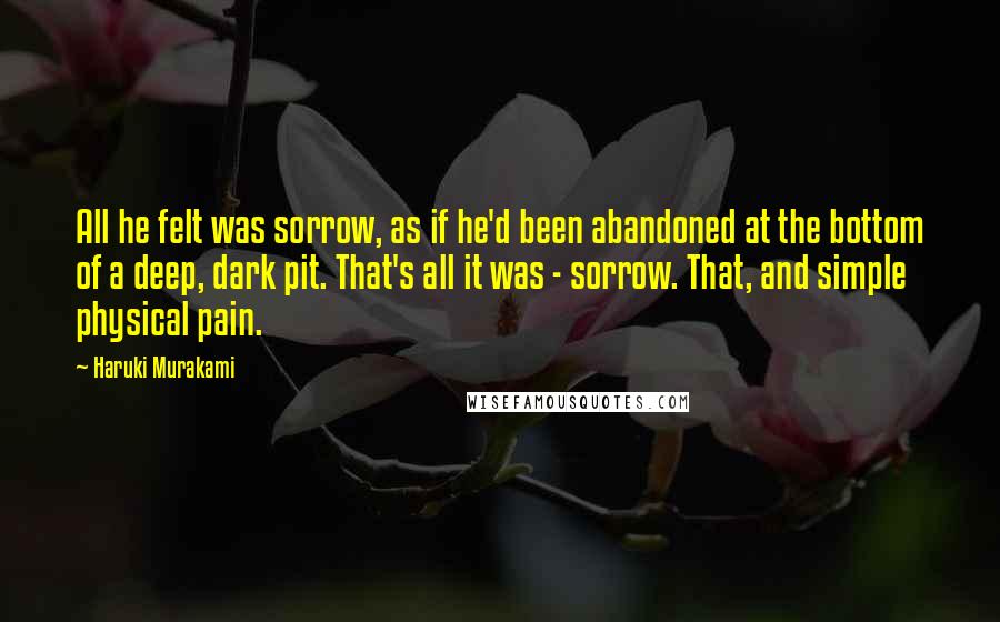 Haruki Murakami Quotes: All he felt was sorrow, as if he'd been abandoned at the bottom of a deep, dark pit. That's all it was - sorrow. That, and simple physical pain.