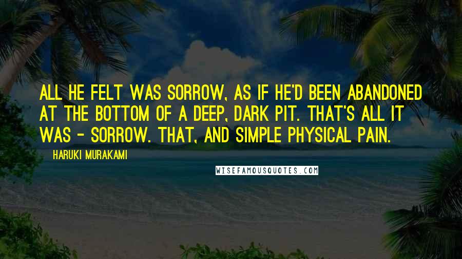 Haruki Murakami Quotes: All he felt was sorrow, as if he'd been abandoned at the bottom of a deep, dark pit. That's all it was - sorrow. That, and simple physical pain.