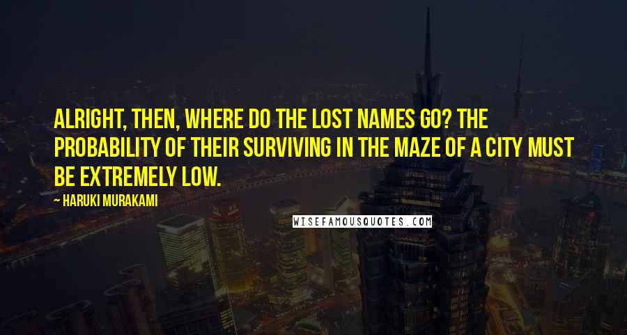 Haruki Murakami Quotes: Alright, then, where do the lost names go? The probability of their surviving in the maze of a city must be extremely low.