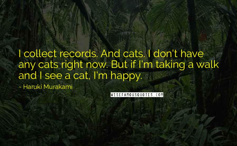 Haruki Murakami Quotes: I collect records. And cats. I don't have any cats right now. But if I'm taking a walk and I see a cat, I'm happy.