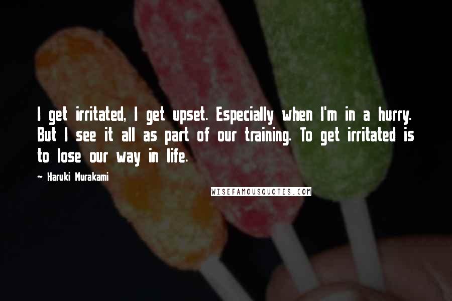 Haruki Murakami Quotes: I get irritated, I get upset. Especially when I'm in a hurry. But I see it all as part of our training. To get irritated is to lose our way in life.