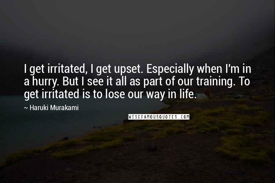 Haruki Murakami Quotes: I get irritated, I get upset. Especially when I'm in a hurry. But I see it all as part of our training. To get irritated is to lose our way in life.