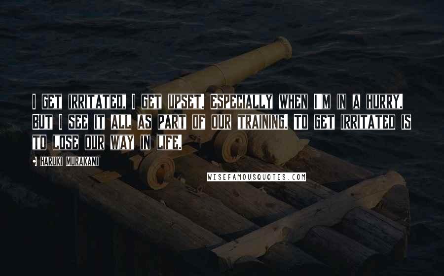 Haruki Murakami Quotes: I get irritated, I get upset. Especially when I'm in a hurry. But I see it all as part of our training. To get irritated is to lose our way in life.