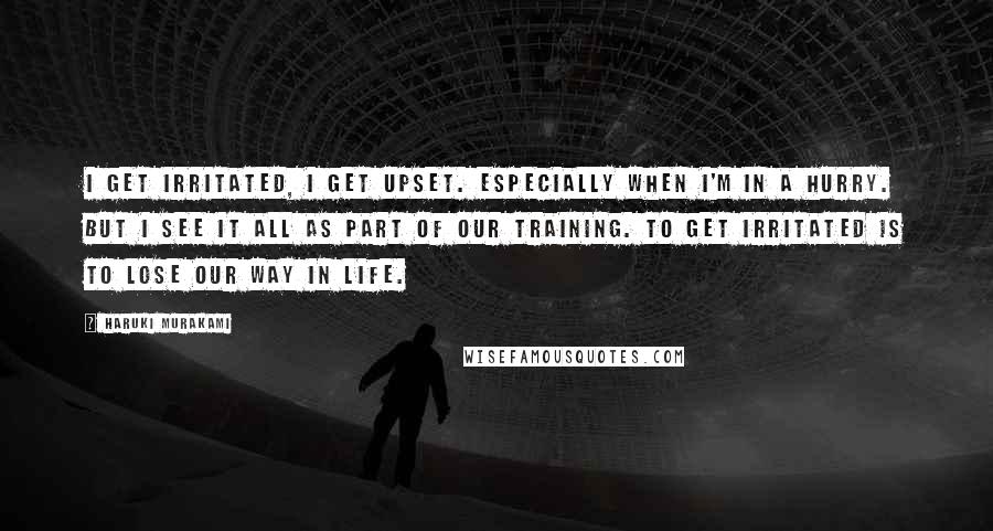 Haruki Murakami Quotes: I get irritated, I get upset. Especially when I'm in a hurry. But I see it all as part of our training. To get irritated is to lose our way in life.