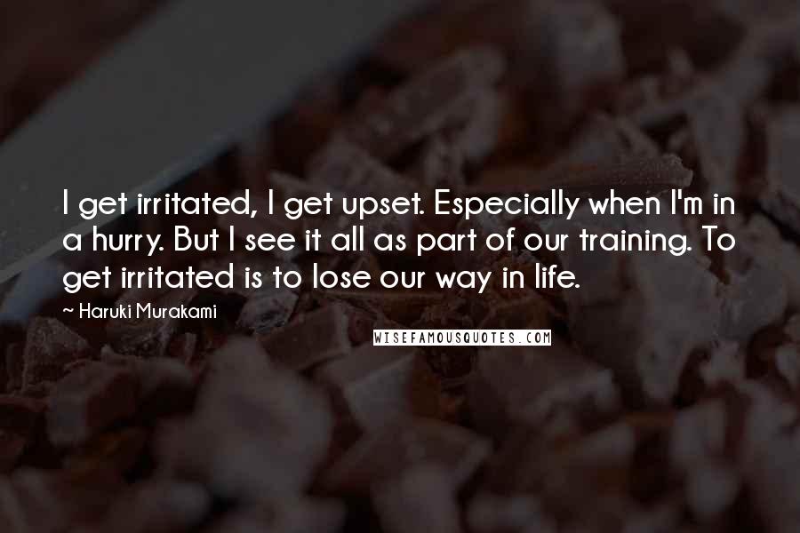 Haruki Murakami Quotes: I get irritated, I get upset. Especially when I'm in a hurry. But I see it all as part of our training. To get irritated is to lose our way in life.