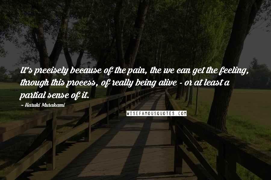 Haruki Murakami Quotes: It's precisely because of the pain, the we can get the feeling, through this process, of really being alive - or at least a partial sense of it.