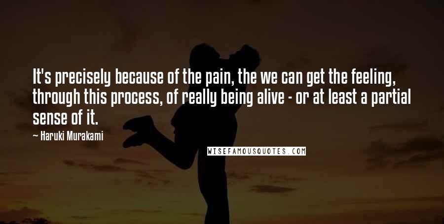 Haruki Murakami Quotes: It's precisely because of the pain, the we can get the feeling, through this process, of really being alive - or at least a partial sense of it.