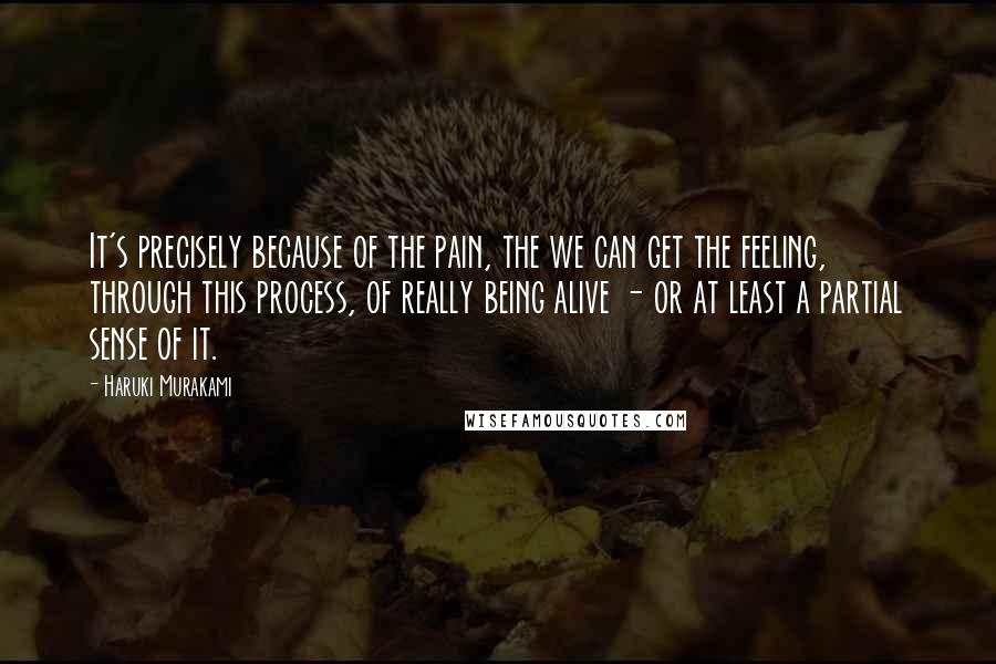 Haruki Murakami Quotes: It's precisely because of the pain, the we can get the feeling, through this process, of really being alive - or at least a partial sense of it.