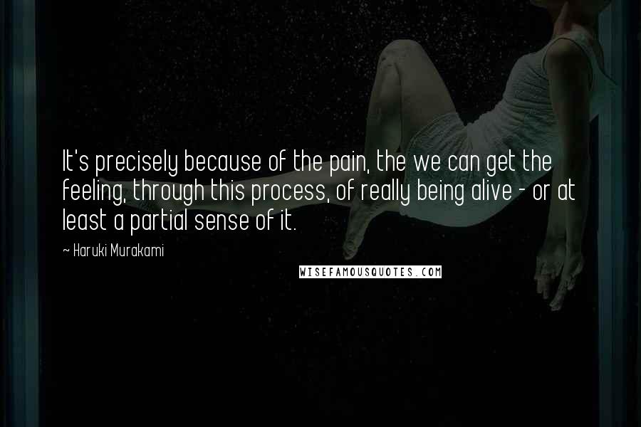 Haruki Murakami Quotes: It's precisely because of the pain, the we can get the feeling, through this process, of really being alive - or at least a partial sense of it.