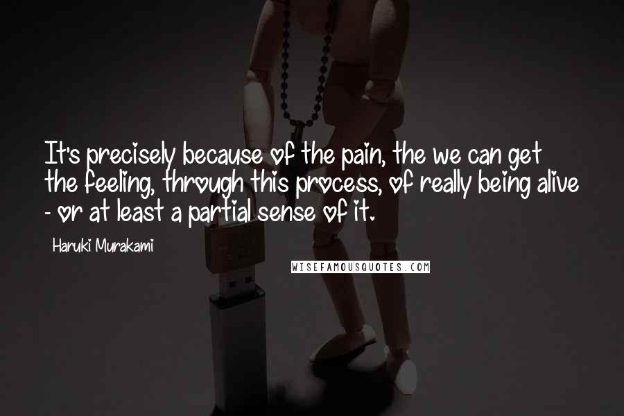 Haruki Murakami Quotes: It's precisely because of the pain, the we can get the feeling, through this process, of really being alive - or at least a partial sense of it.